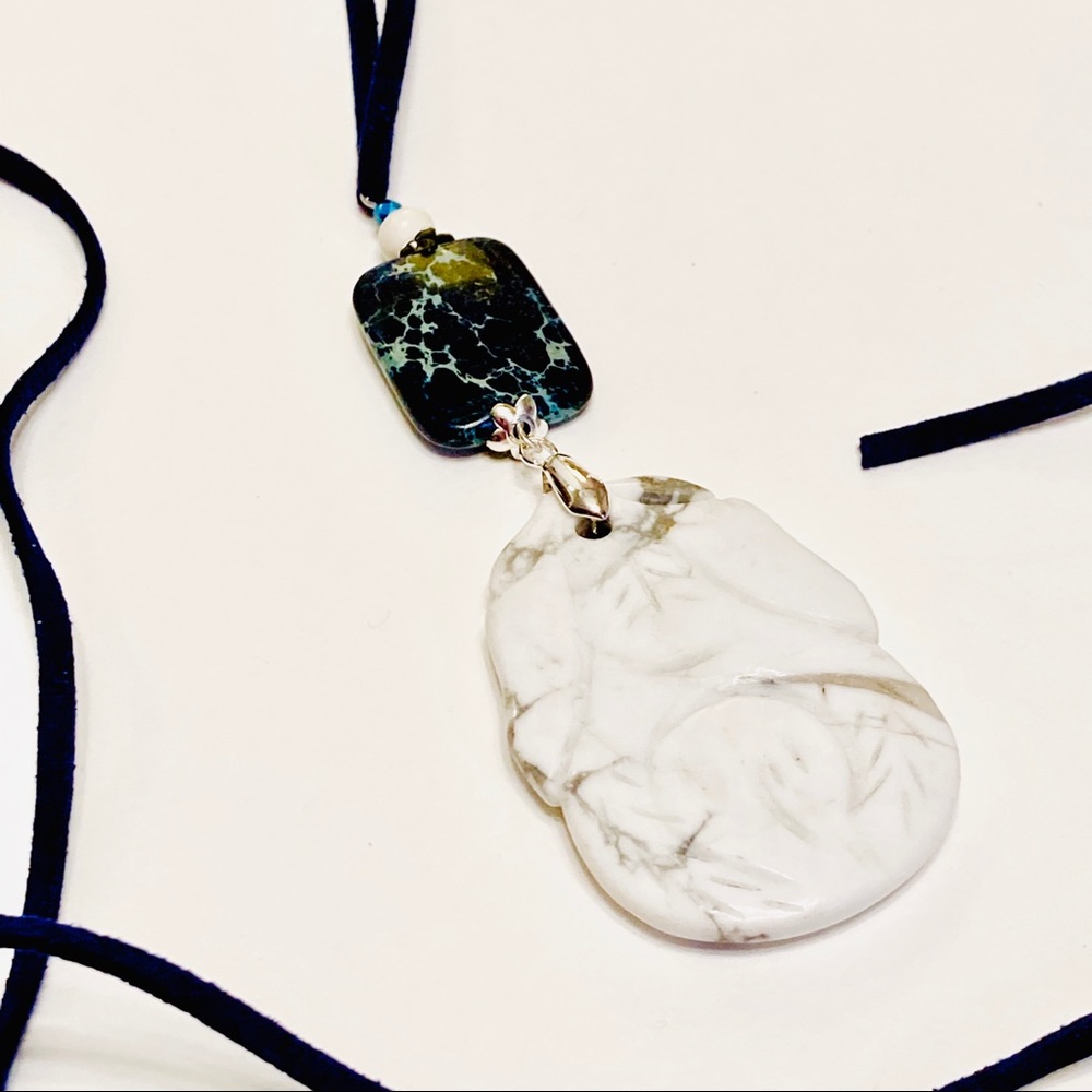WHITE HOWLITE Hand-carved SCARAB Necklace w/ Navy Sea Sediment Jasper Stone